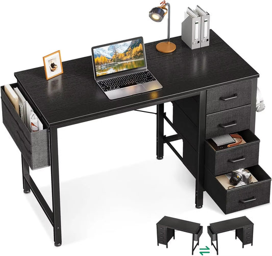 32-Inch Small Computer Desk with 4 Fabric Drawers — Home Office Desks with Storage, Writing Desk with Side Hook and Cloth Bag